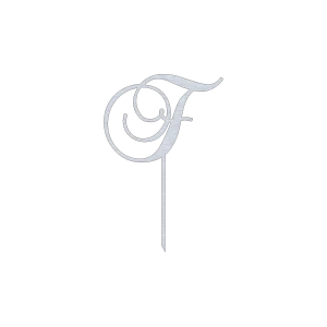 This elegant 'F' monogram swirl script cake topper is crafted from durable aluminum with a natural finish. It features a precise laser-cut design, making it perfect for weddings, anniversaries, or any special occasion. The topper measures 7.5 inches wide by 11.5 inches high, adding a sophisticated touch to your cake decor.